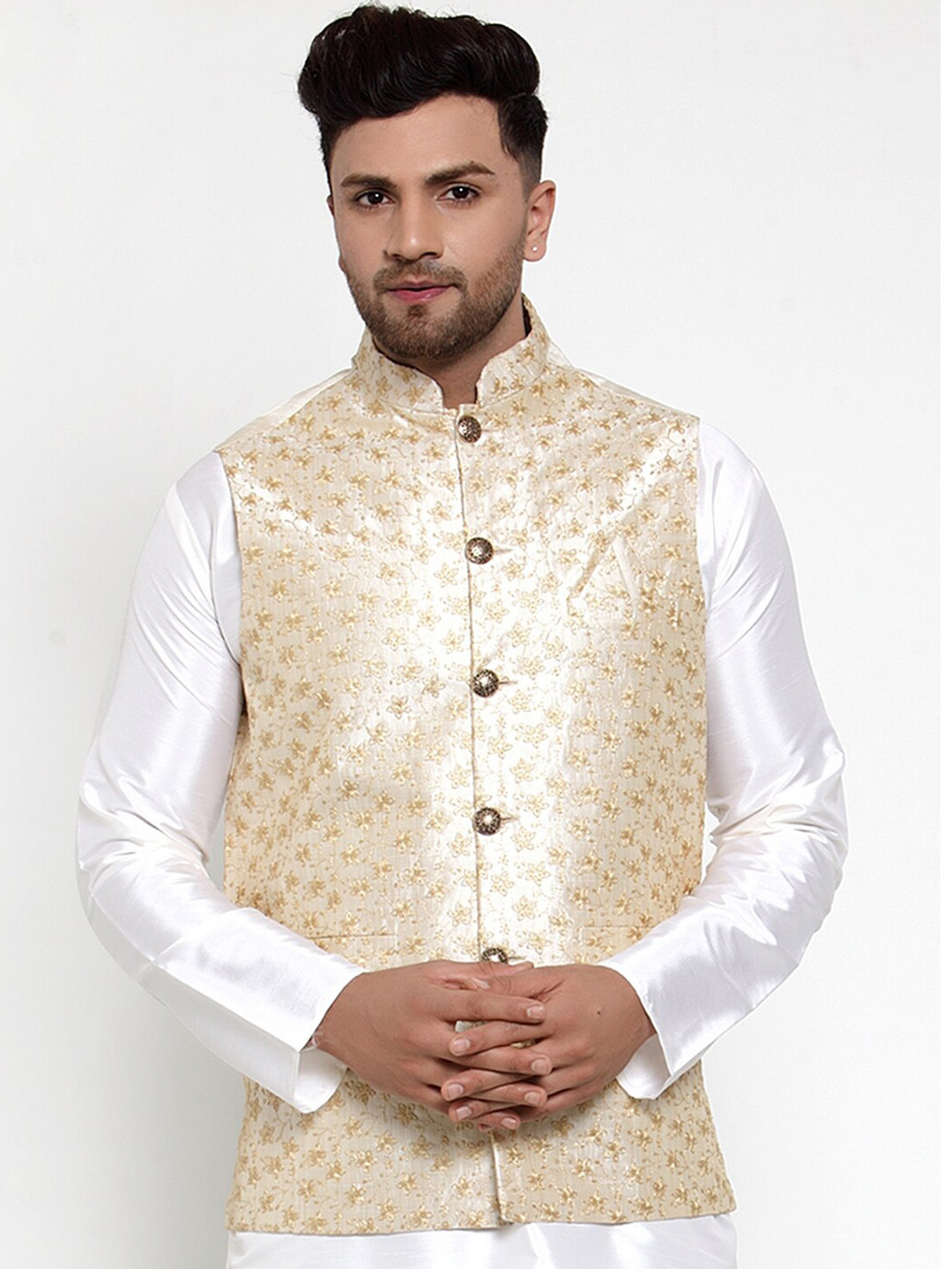 

Jompers Men Cream & Gold-Coloured Embellished Nehru Jacket