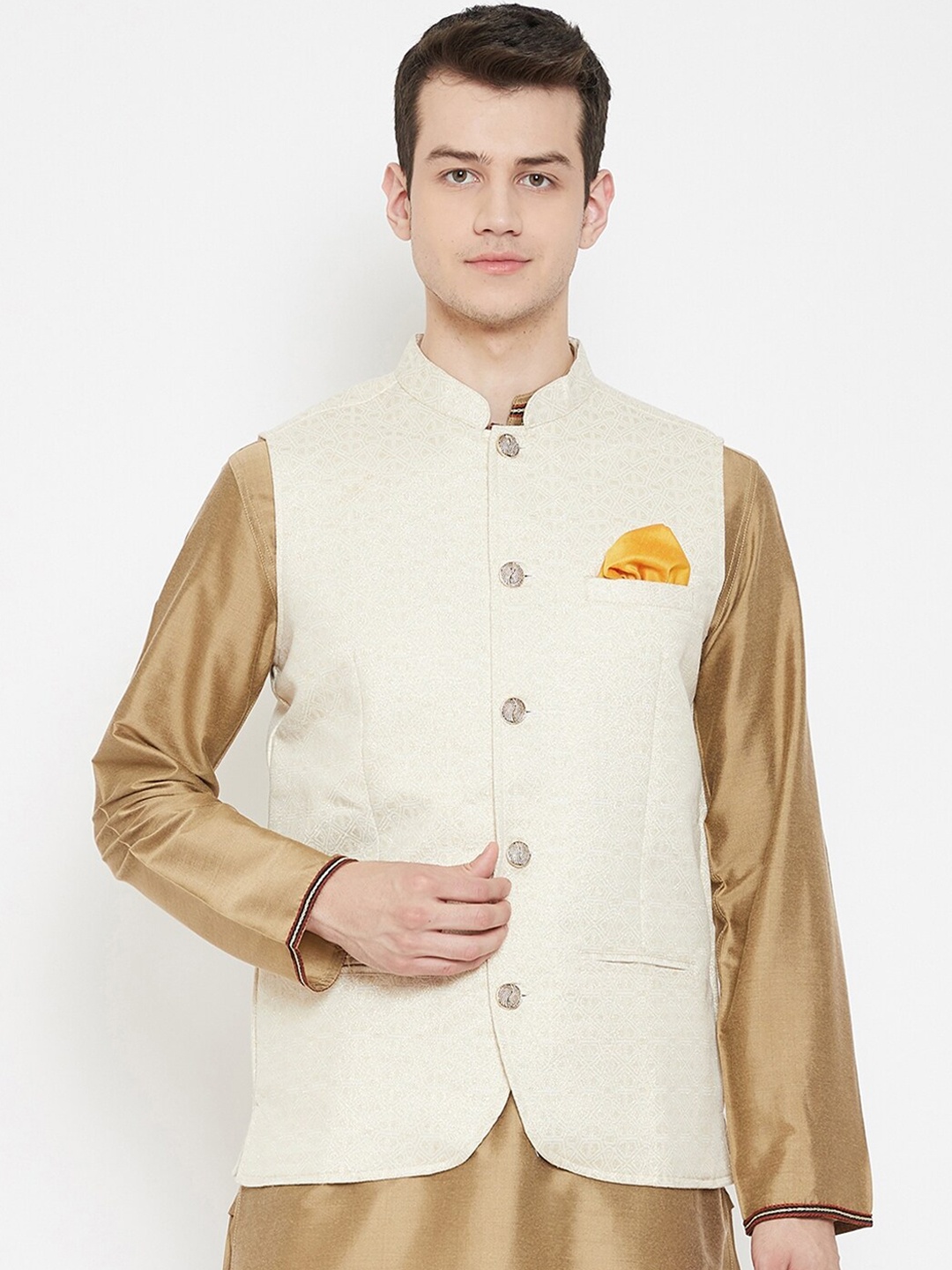 

even Men Off-White Jacquard Woven Pure Cotton Nehru Jacket