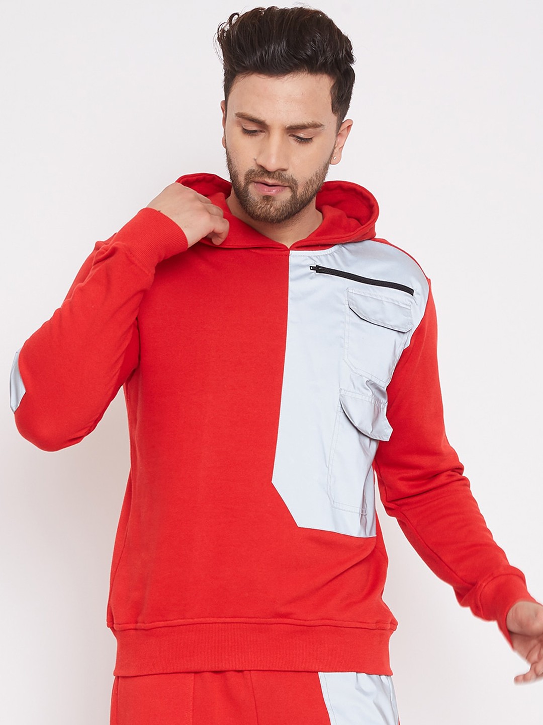 

FUGAZEE Men Red & White Colourblocked Hooded Sweatshirt