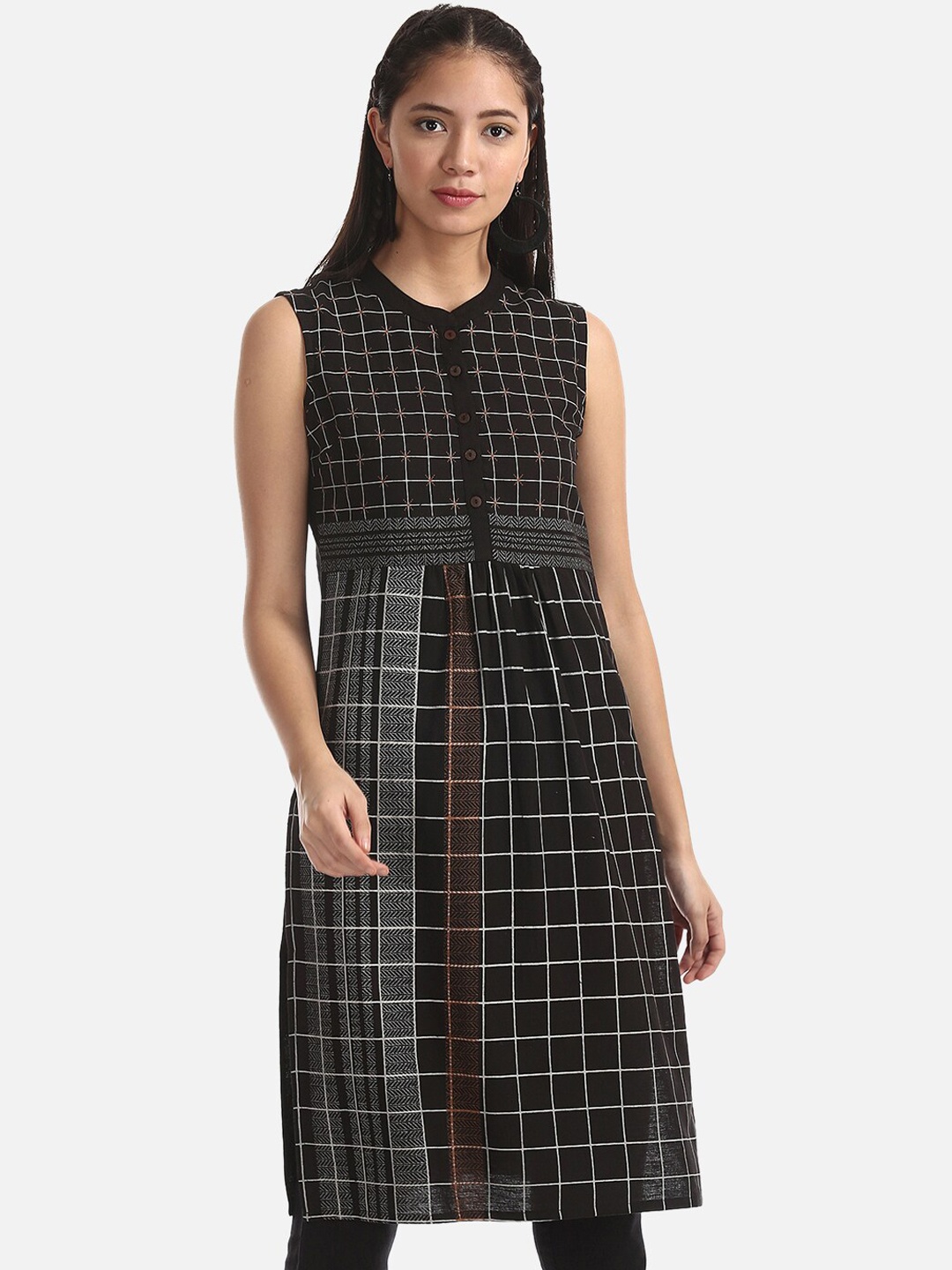 

Karigari Women Black & Off-White Checked A-Line Kurta