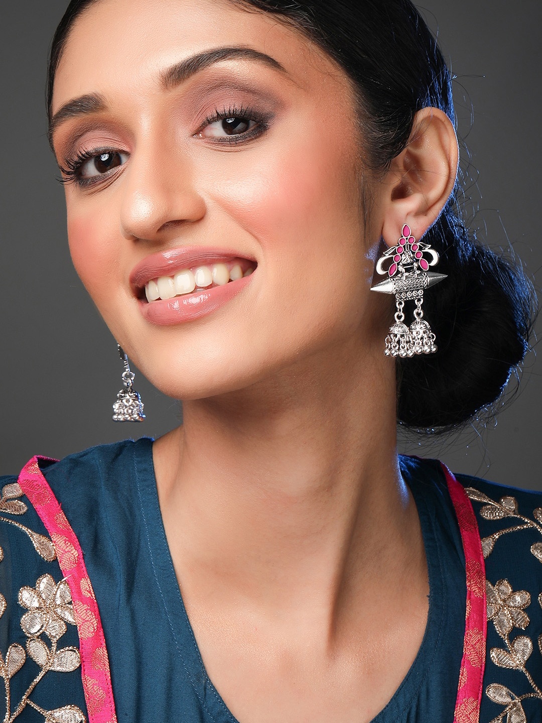 

Rubans Silver-Toned & Pink Geometric Jhumkas