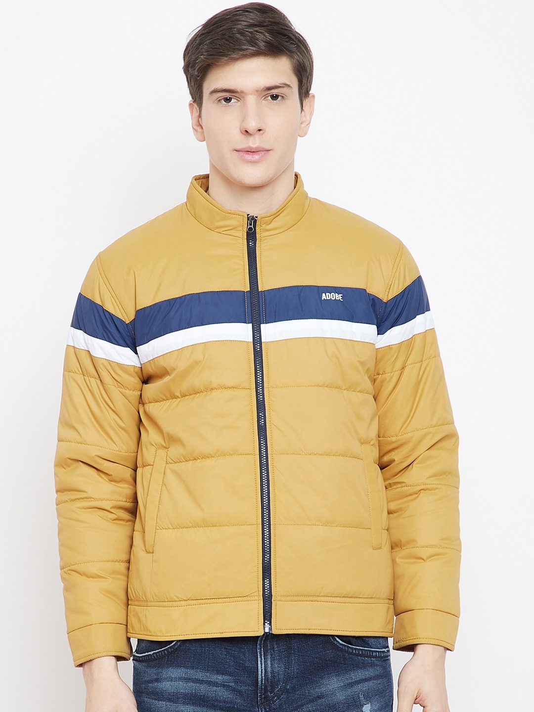 

Adobe Men Mustard Yellow & Blue Striped Lightweight Puffer Jacket