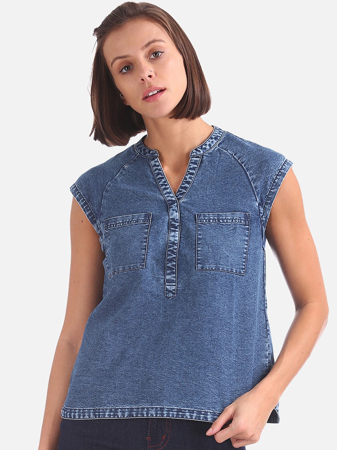 

Cherokee Women Blue Solid Pure Cotton Top