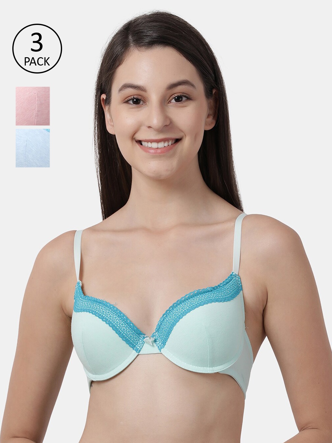 Susie Pack Of 3 Solid Under-Wired Lightly-Padded Plunge Bras shy-com-138, Pink