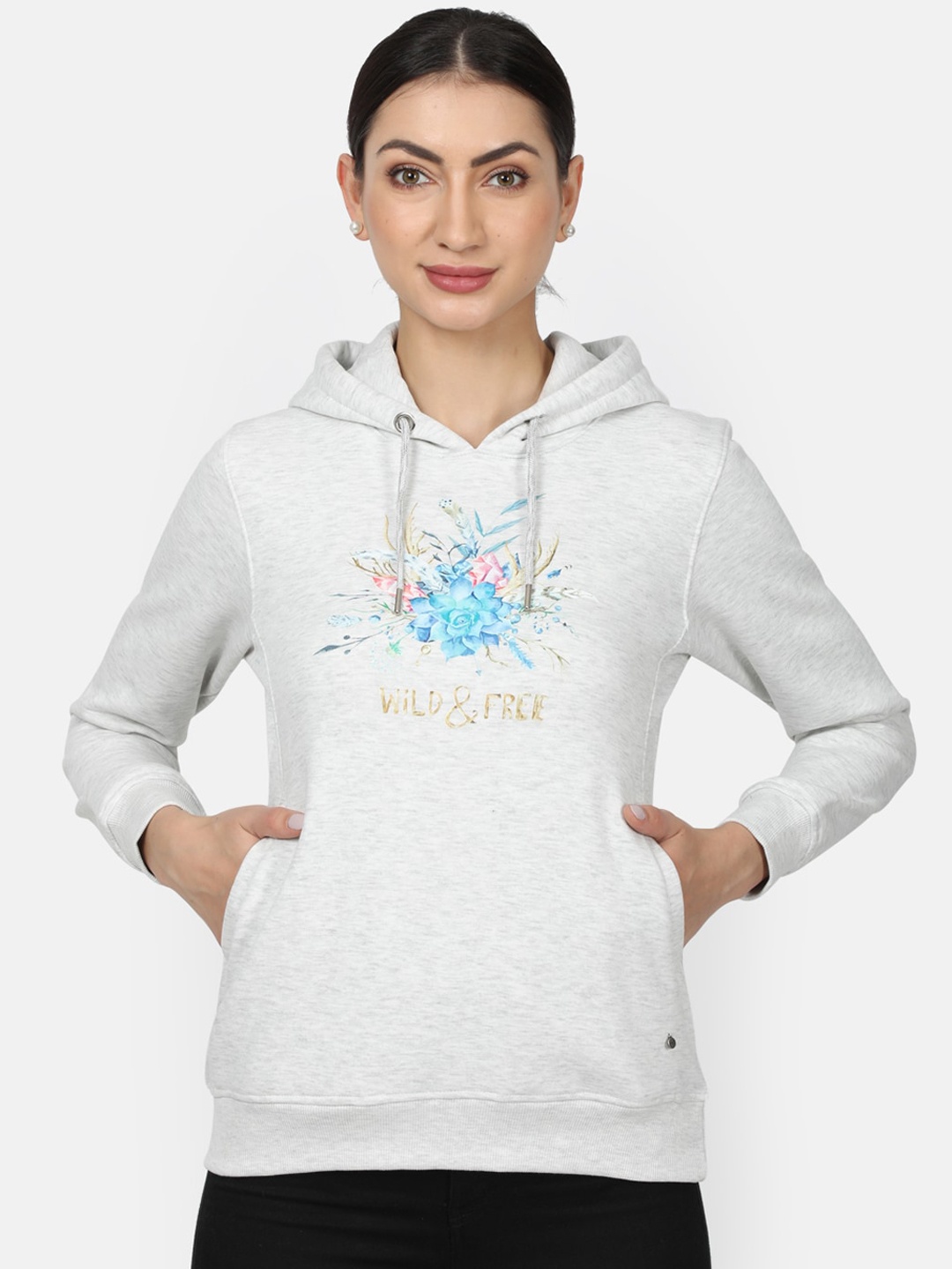 

Monte Carlo Women Grey Melange Printed Hooded Sweatshirt