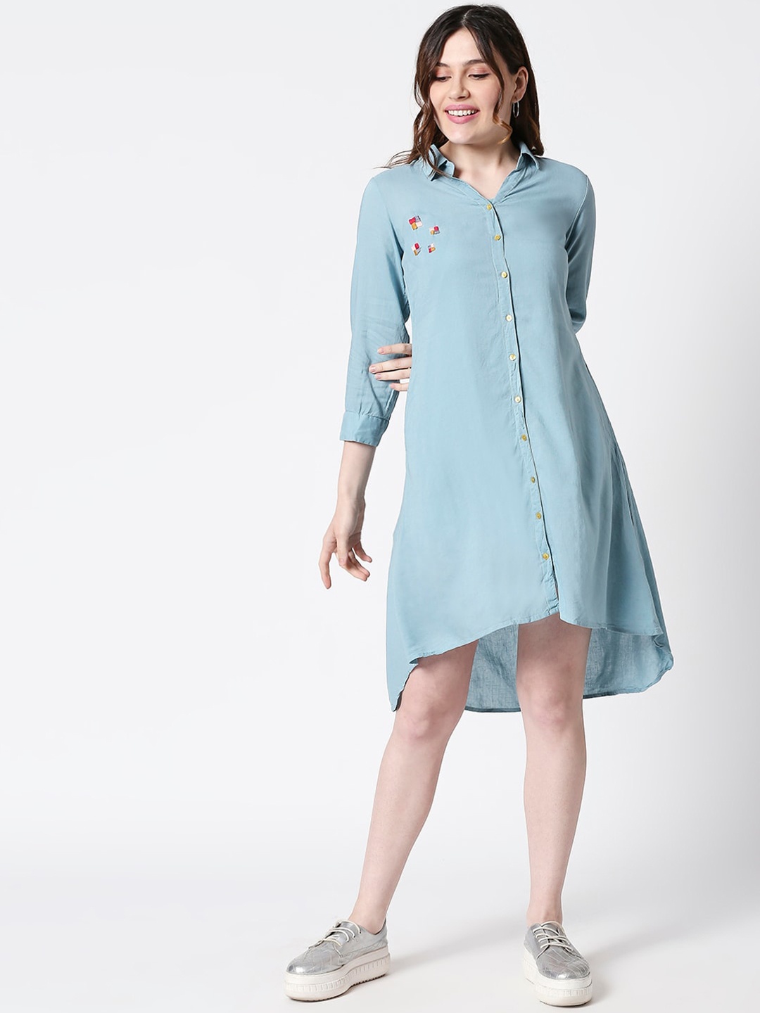 

TERQUOIS Women Blue Embroidered Linen Shirt Dress