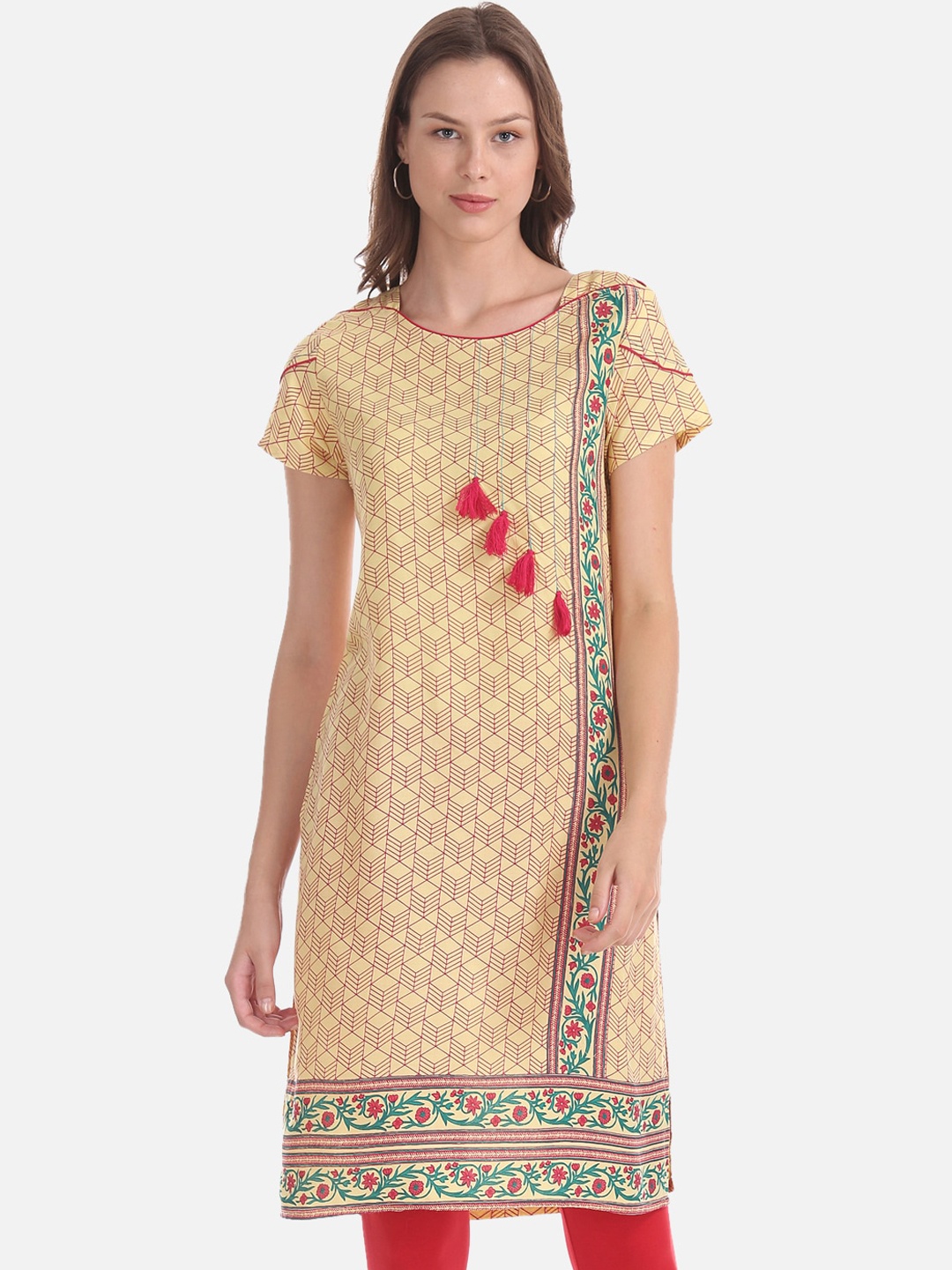 

Karigari Women Yellow & Red Printed Straight Kurta