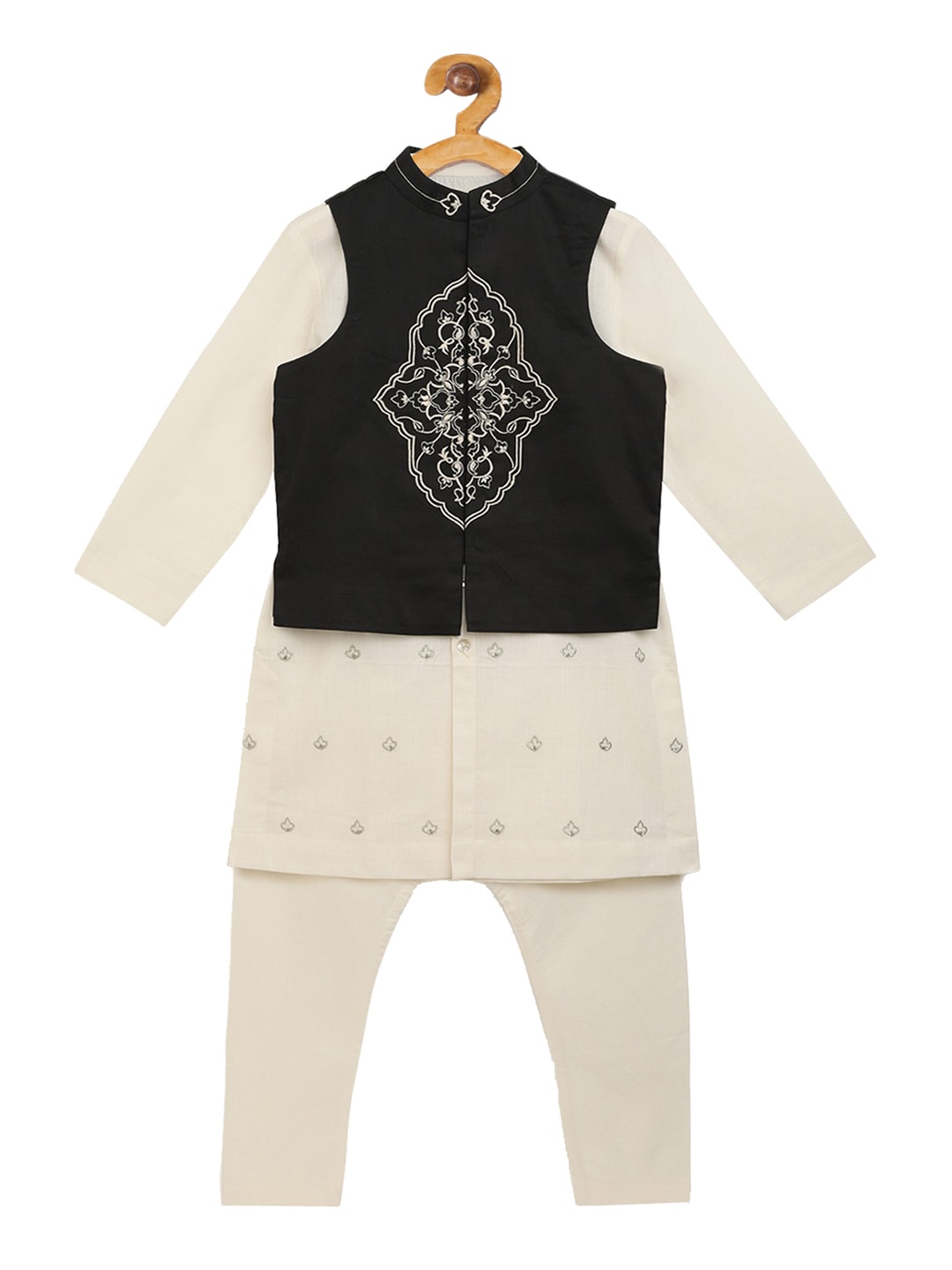 

Tiber Taber Boys Off-White & Black Embroidered Kurta with Pyjamas & Bundi
