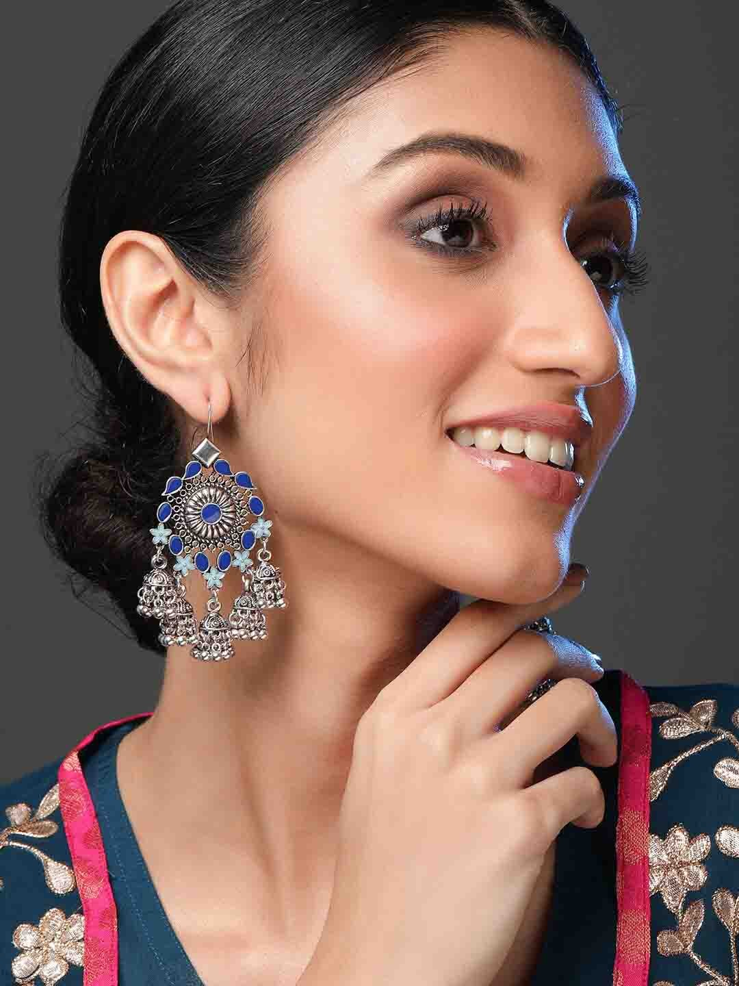 

Rubans Silver-Plated & Blue Floral Drop Earrings