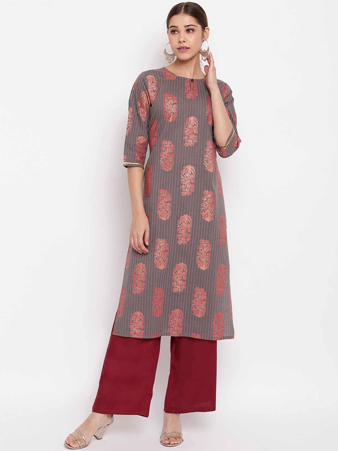 

Janasya Women Grey & Maroon Floral Print Kurta with Palazzos