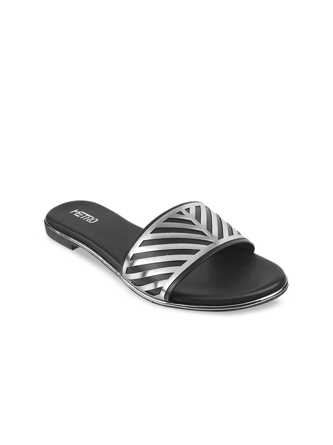 Metro Women Black Striped Open Toe Flats