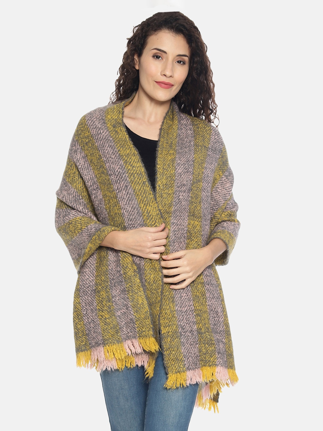 

513 Women Pink & Yellow Striped Acrylic Stole