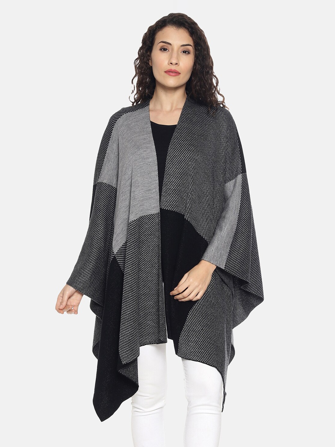 

513 Women Black & Grey Woven-Design Kimono Shrug