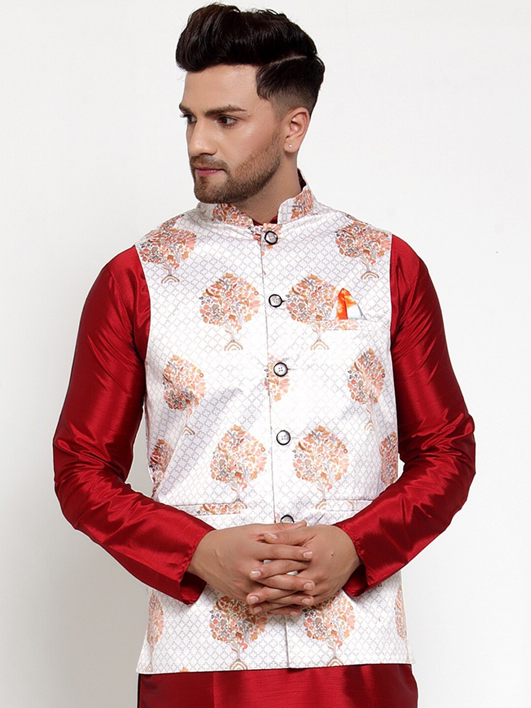 

Jompers Men White & Brown Printed Regular Fit Nehru Jacket