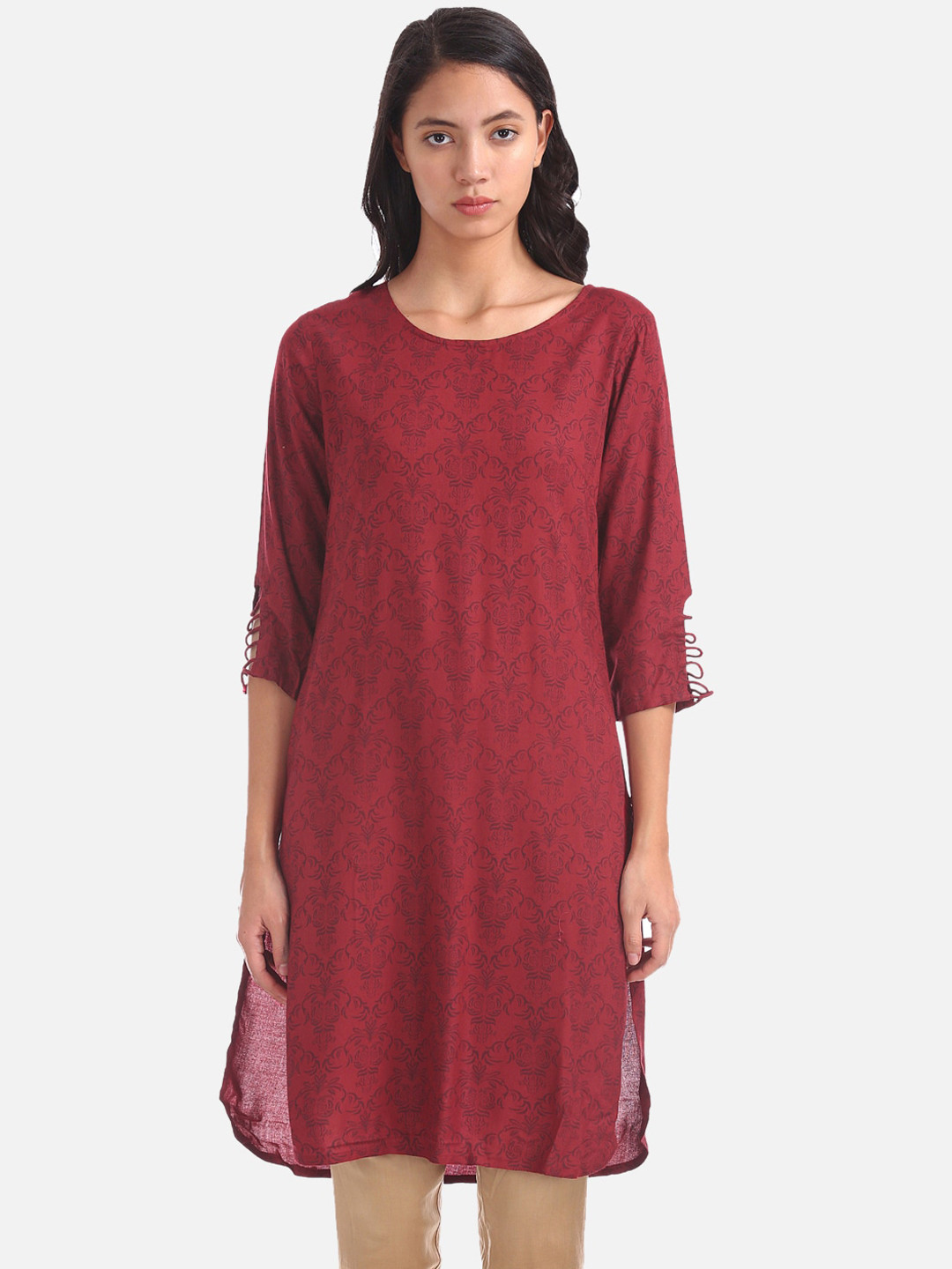 

Karigari Women Maroon Printed A-Line Kurta