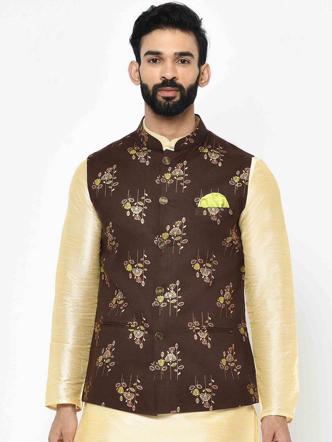 

Vartah Men Brown & Beige Printed Nehru Jacket