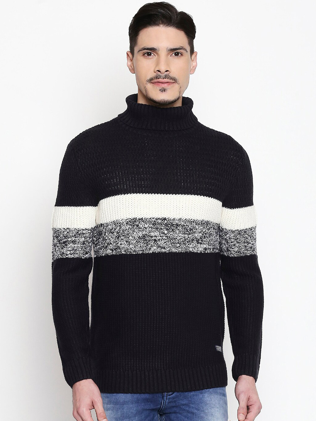 

Mufti Men Black & White Colourblocked Pullover Sweater