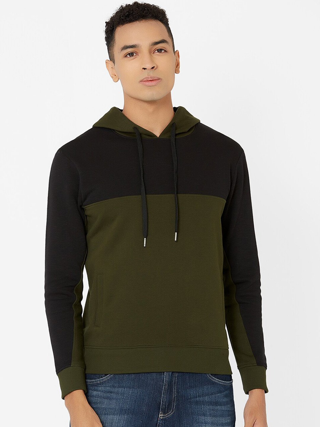 

MARCA Disati Men Olive Green & Black Colourblocked Hooded Sweatshirt