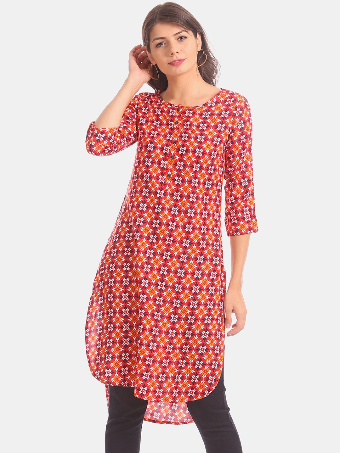 

Karigari Women Coral Red Printed A-Line Kurta