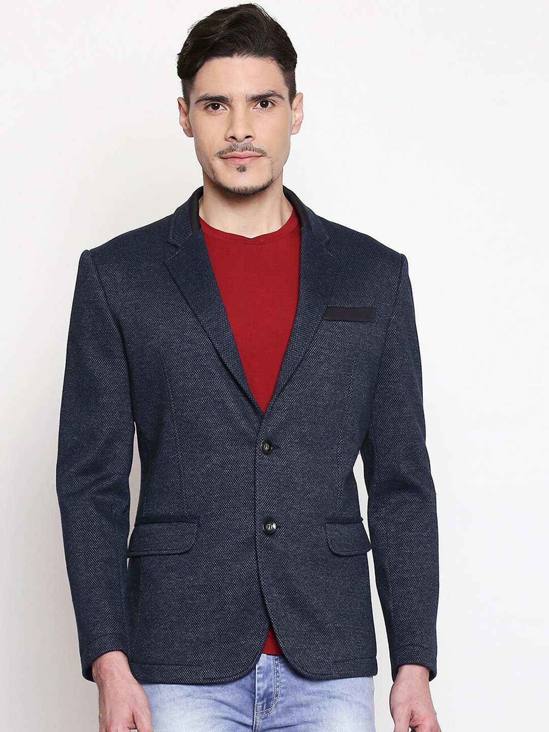 

Mufti Men Navy Blue Self Design Single-Breasted Casual Blazer