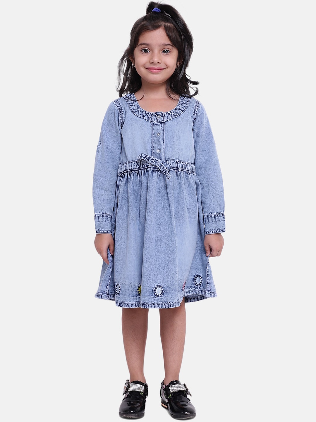 BownBee Girls Blue Solid A-Line Denim Dress