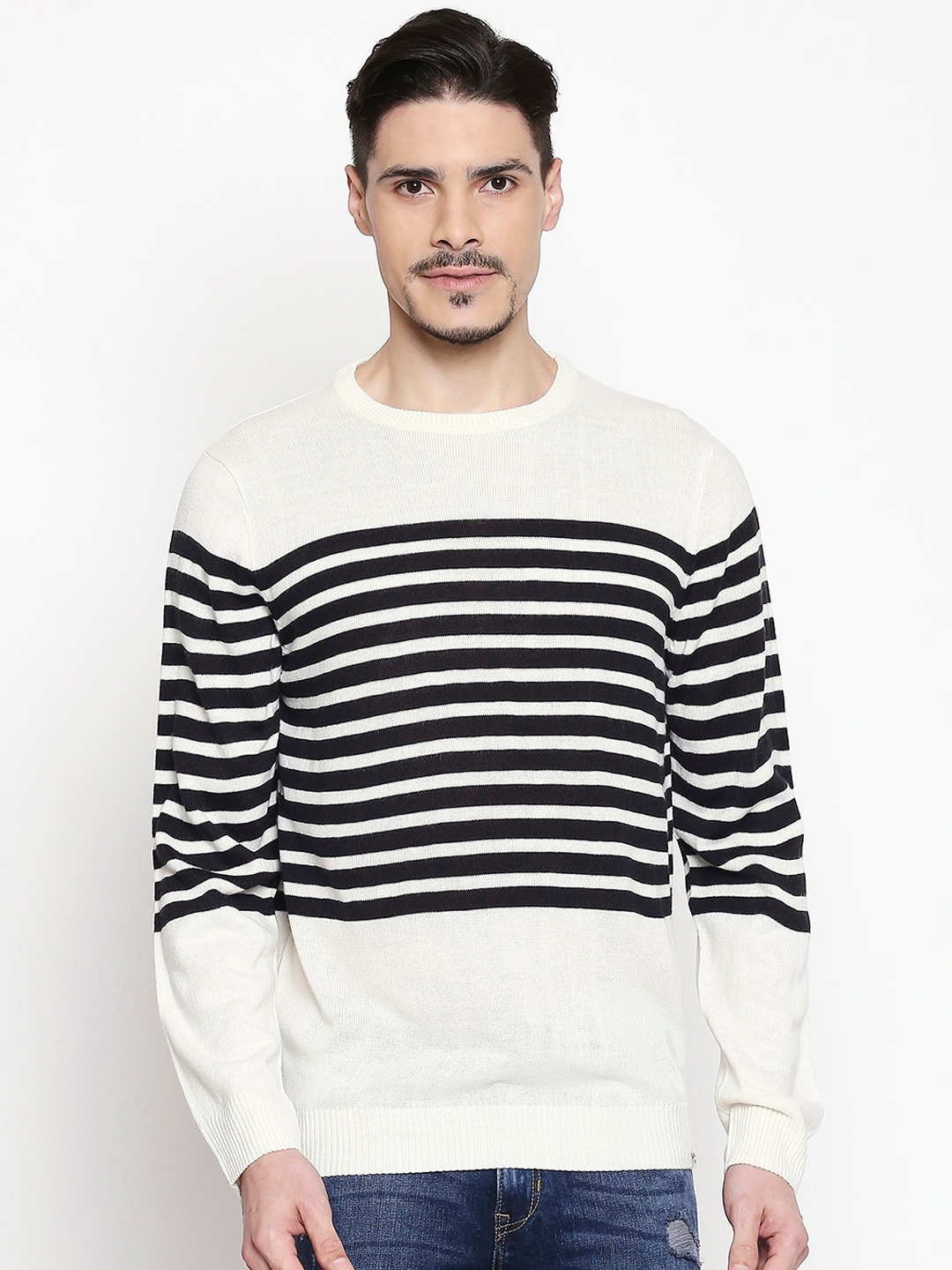 

Mufti Men Cream Striped Acrylic Pullover