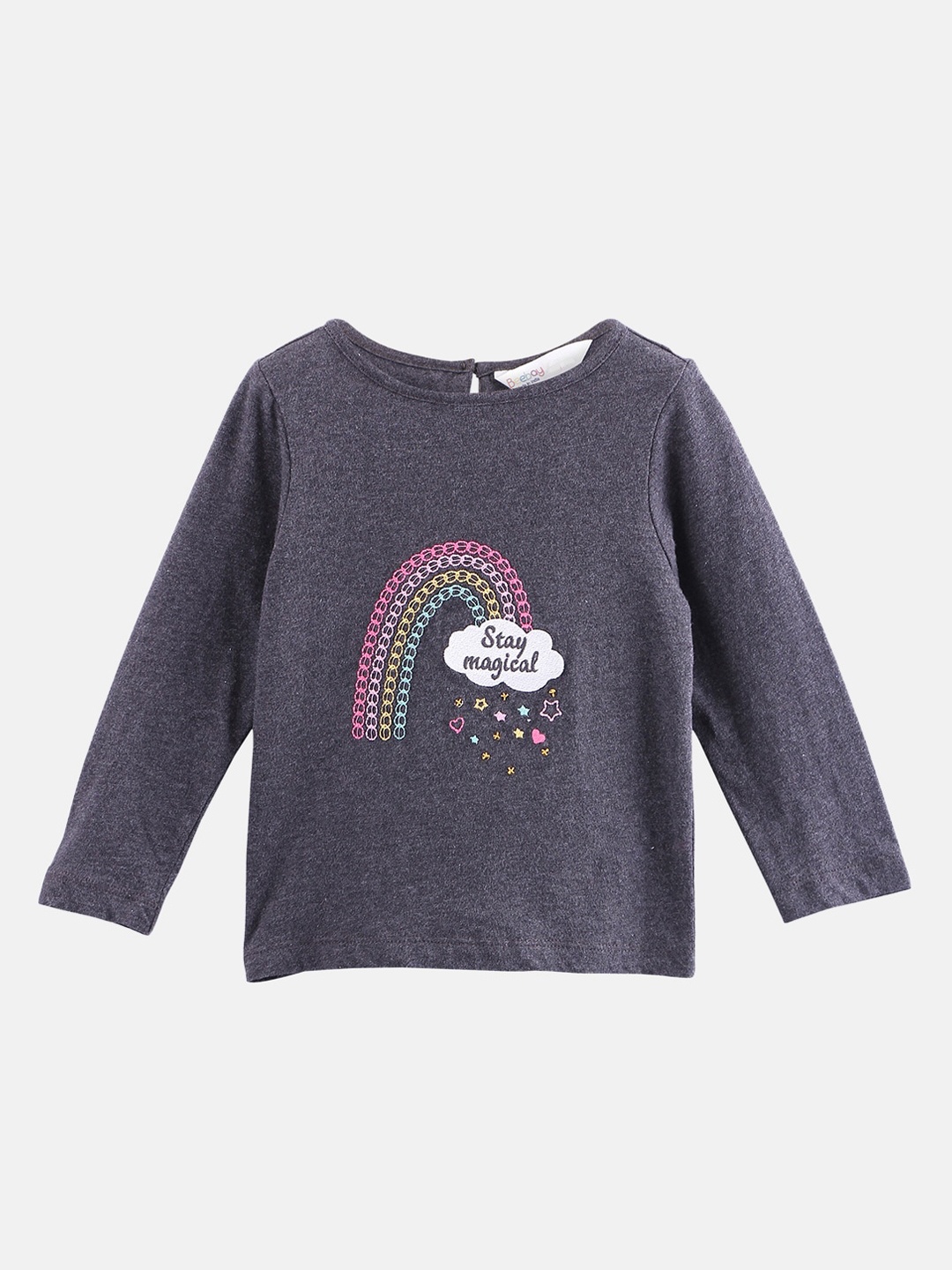 

Beebay Girls Charcoal Grey Self Design Round Neck Pure Cotton T-shirt