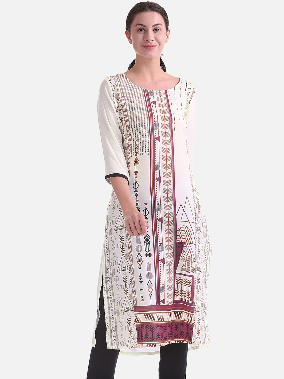 

Karigari Women Off-White & Maroon Printed Straight Kurta