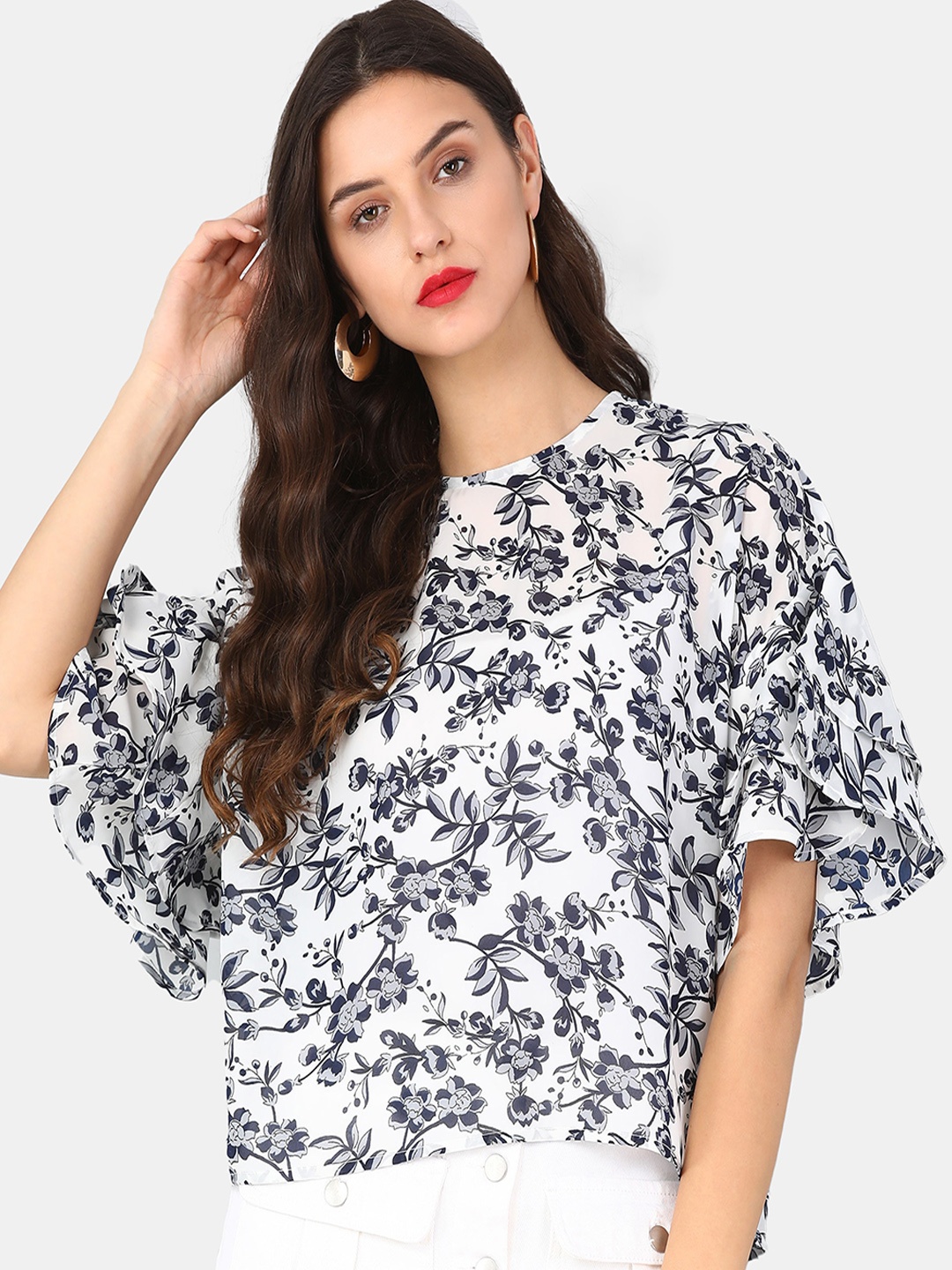 

DIVA WALK EXCLUSIVE Women White & Black Floral Printed Top