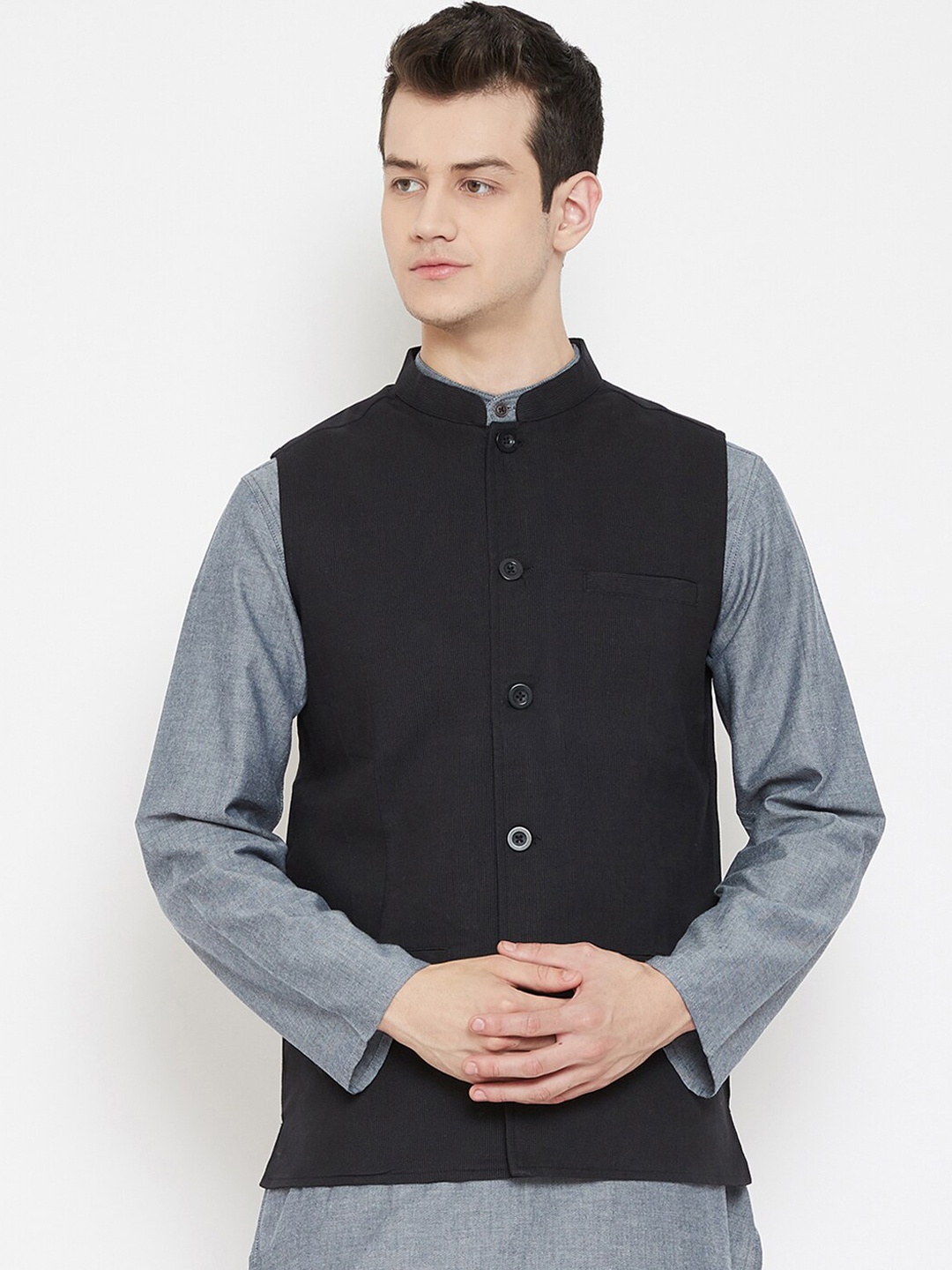 even Men Black Solid Nehru Jacket