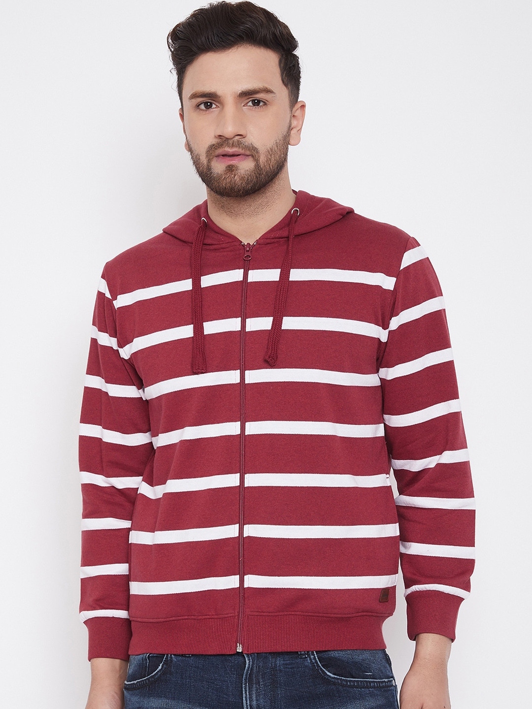 

Austin wood Men Red & White Striped Hooded Sweatshirt