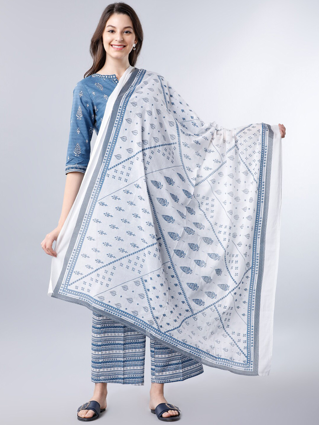 

Vishudh Women Off-White & Blue Printed Pure Cotton Dupatta