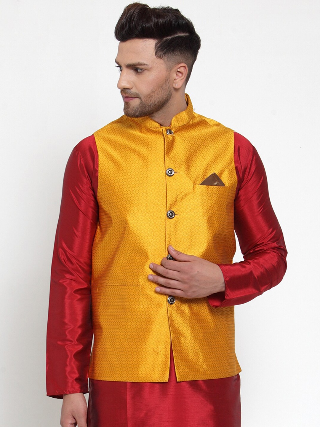 Jompers Men Yellow Woven Design Nehru Jacket