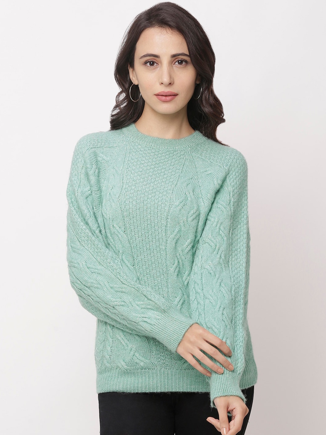 Globus Women Green Self Design Knitted Pullover