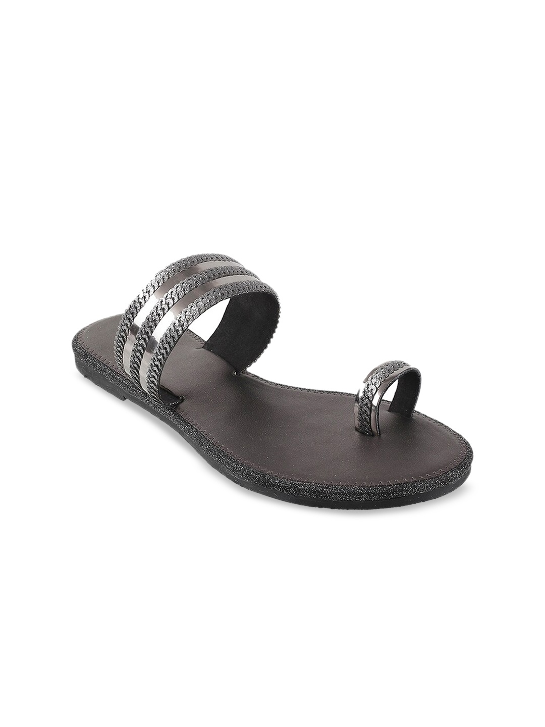 Mochi Women Gunmetal-Toned Woven Design One Toe Flats, Metallic