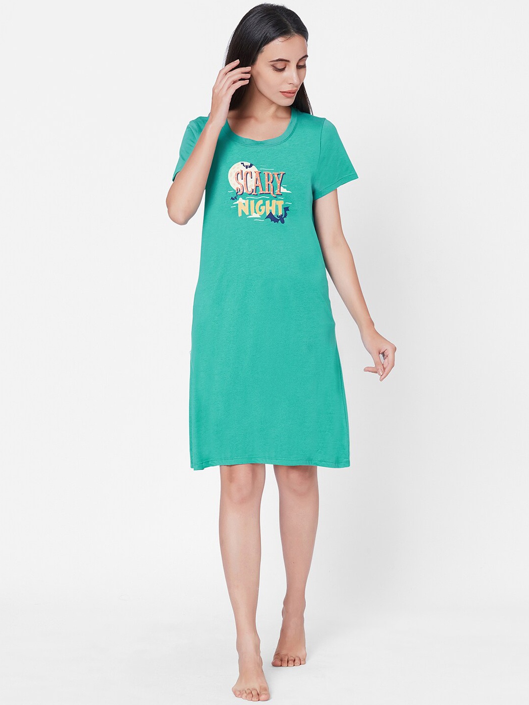 

Soie Women Teal Blue Printed Cotton Knee Length Nightdress