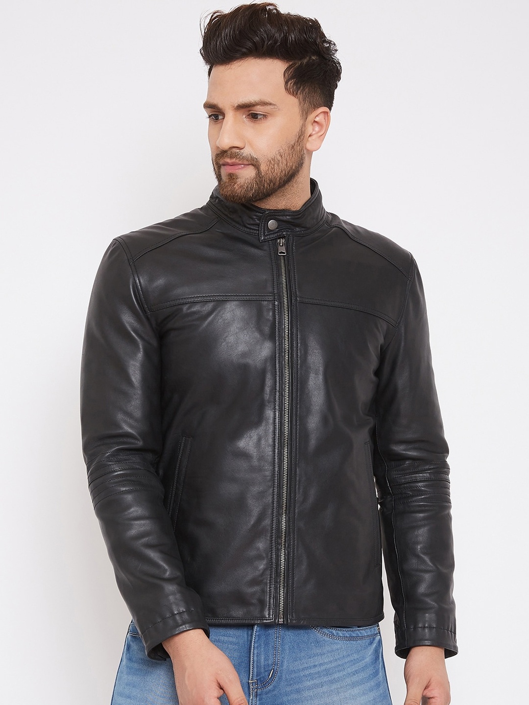 Justanned Men Black Solid Lightweight Leather Jacket