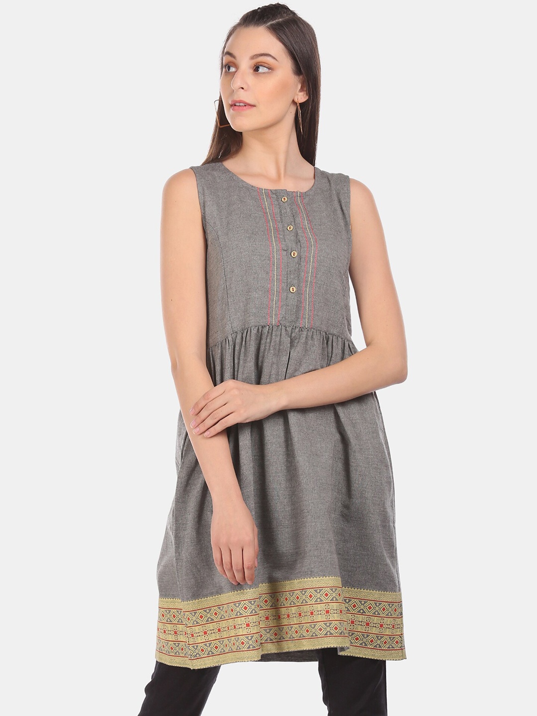 

Karigari Women Grey & Yellow Woven Design Anarkali Kurta