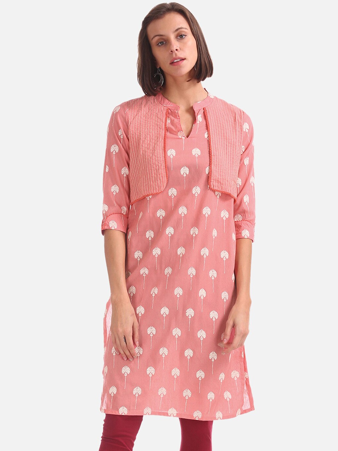 

Karigari Women Coral Pink Printed Straight Kurta