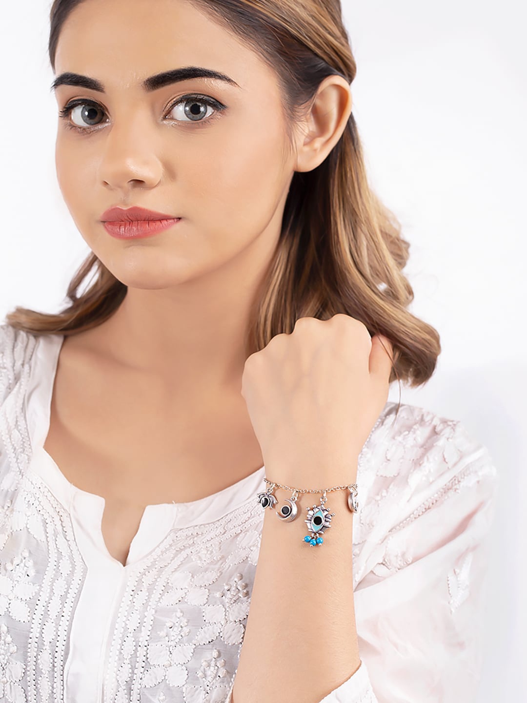 

Voylla Oxidised Silver-Toned Blue & Black Enamelled Beaded Evil Eyes Tribal Charm Bracelet