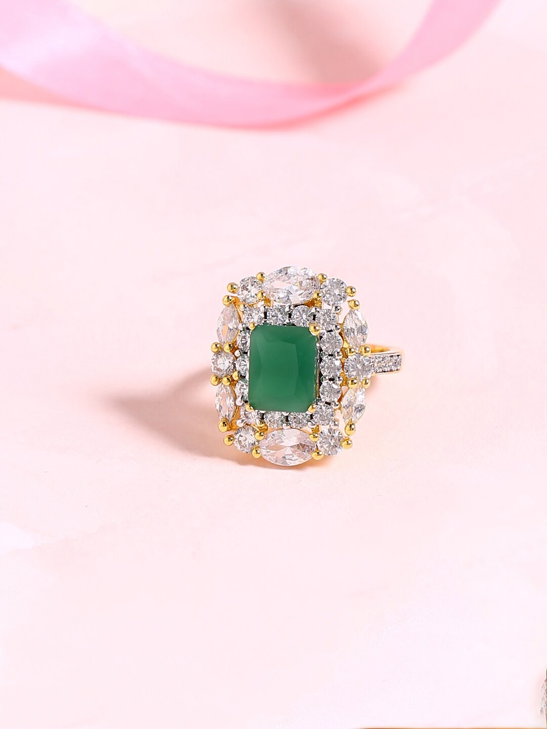 Voylla Gold-Toned & Green CZ-Studded Finger Ring