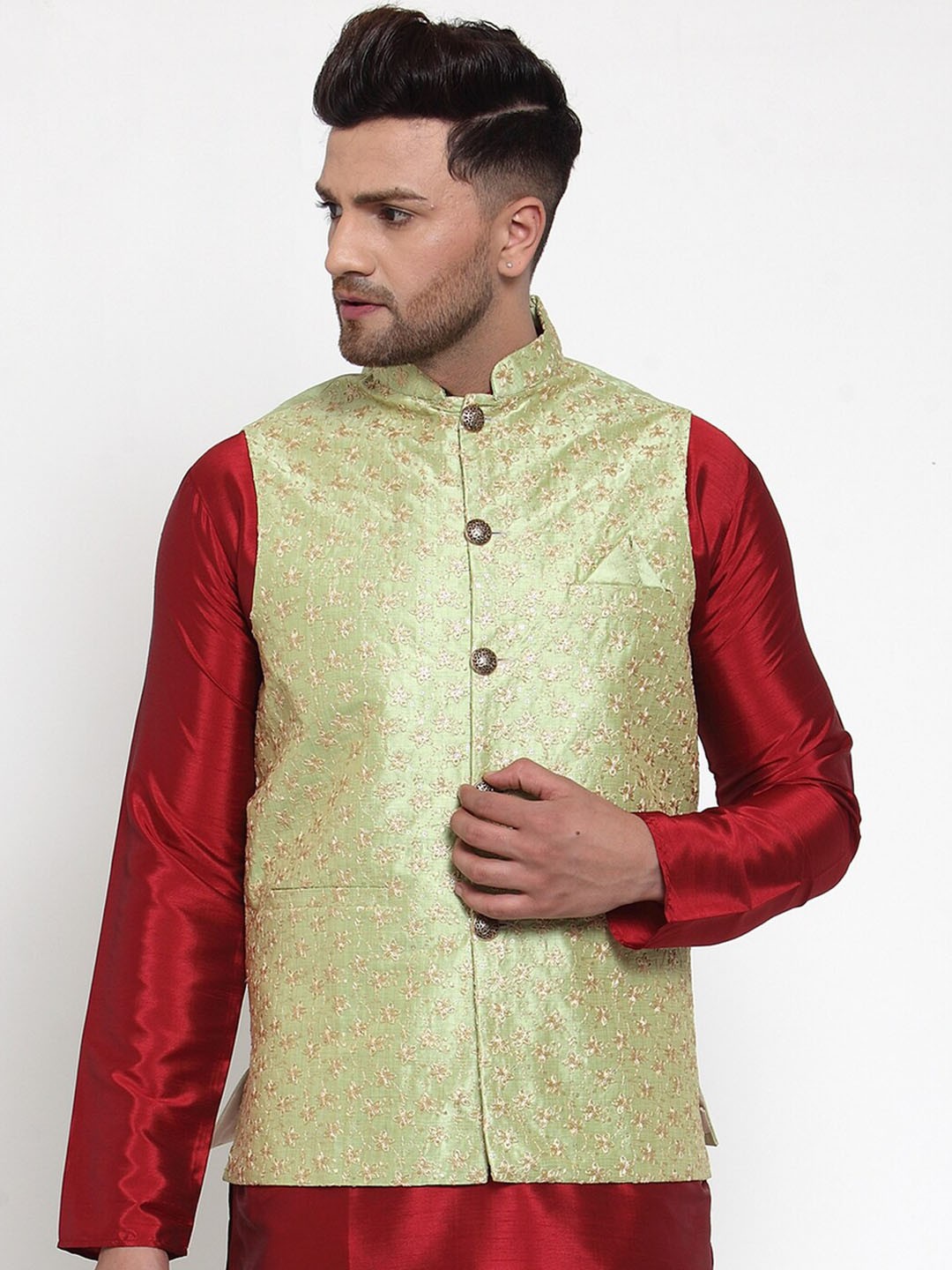 

Jompers Men Green & Golden-Coloured Embroidered Nehru Jacket