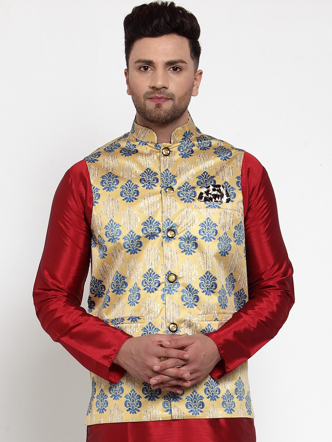 Jompers Men Gold-Coloured & Blue Printed Regular Fit Nehru Jacket