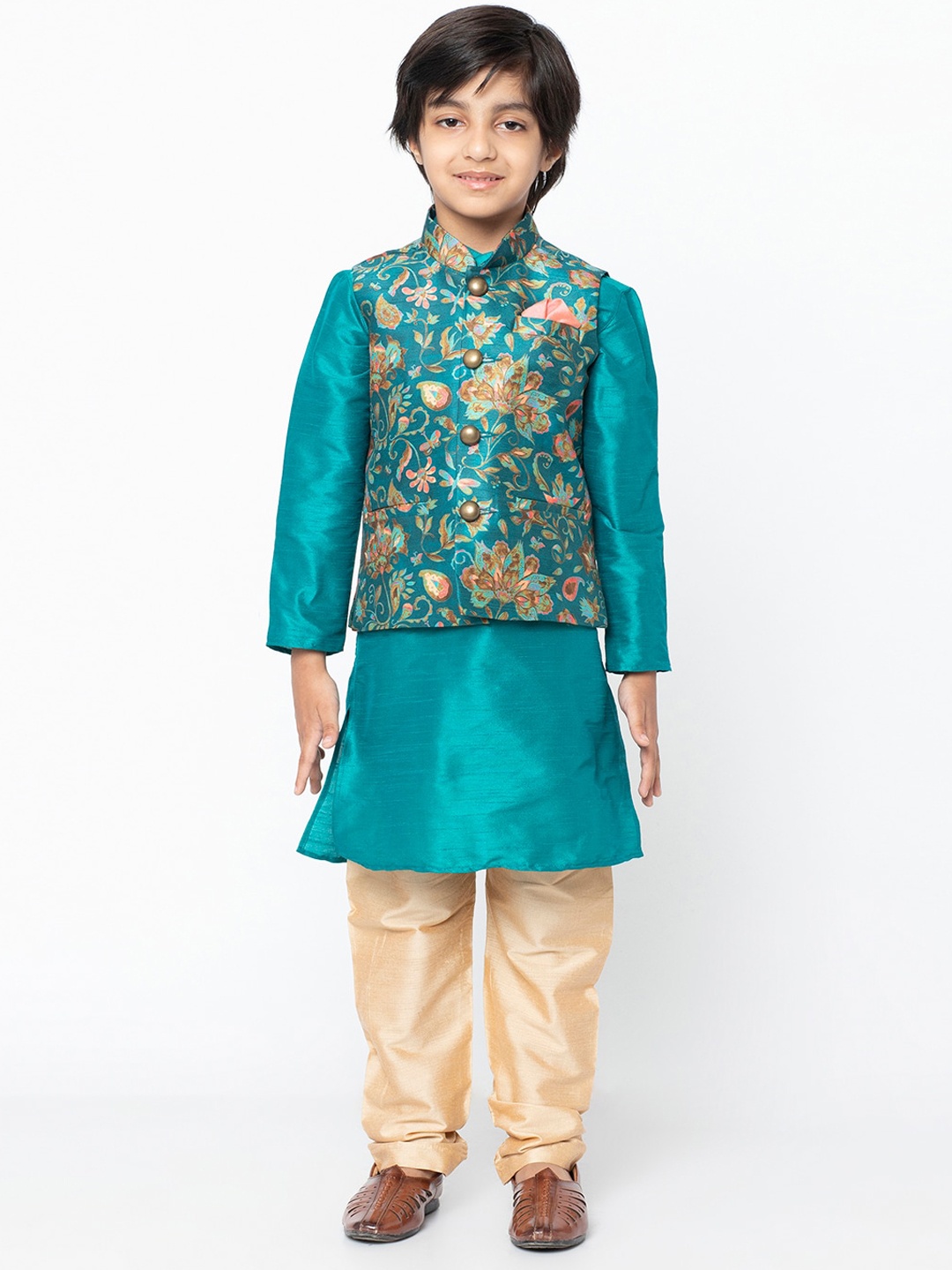 

KISAH Boys Blue & Gold-Toned Solid Kurta with Pyjamas with Nehru Jacket