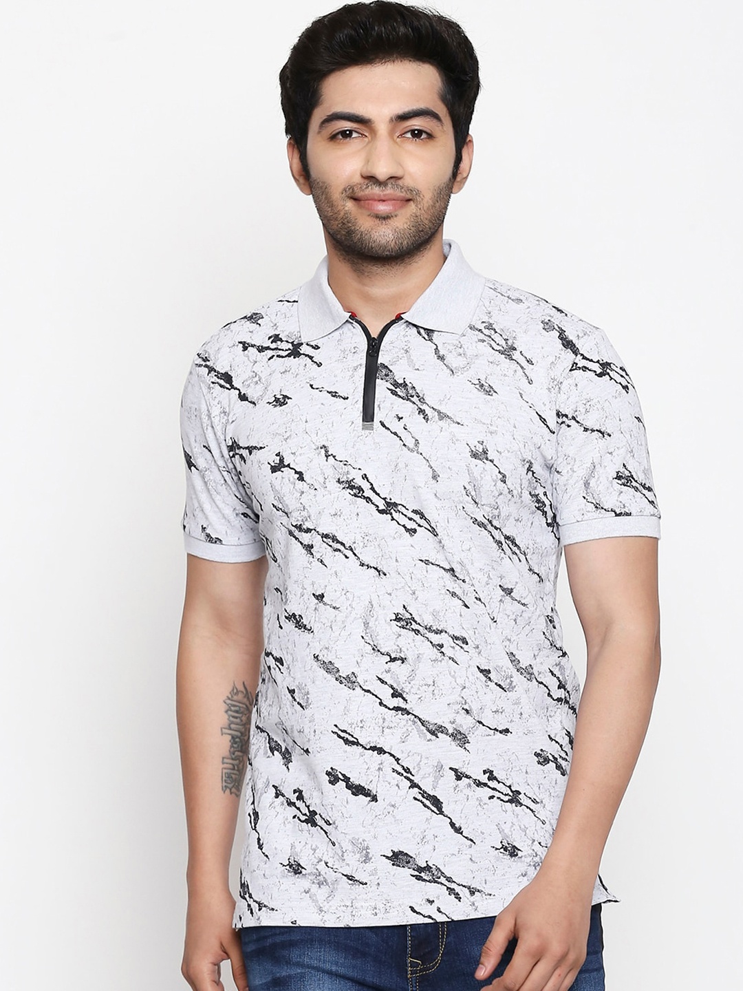 

Mufti Men Grey Melange Printed Polo Collar T-shirt