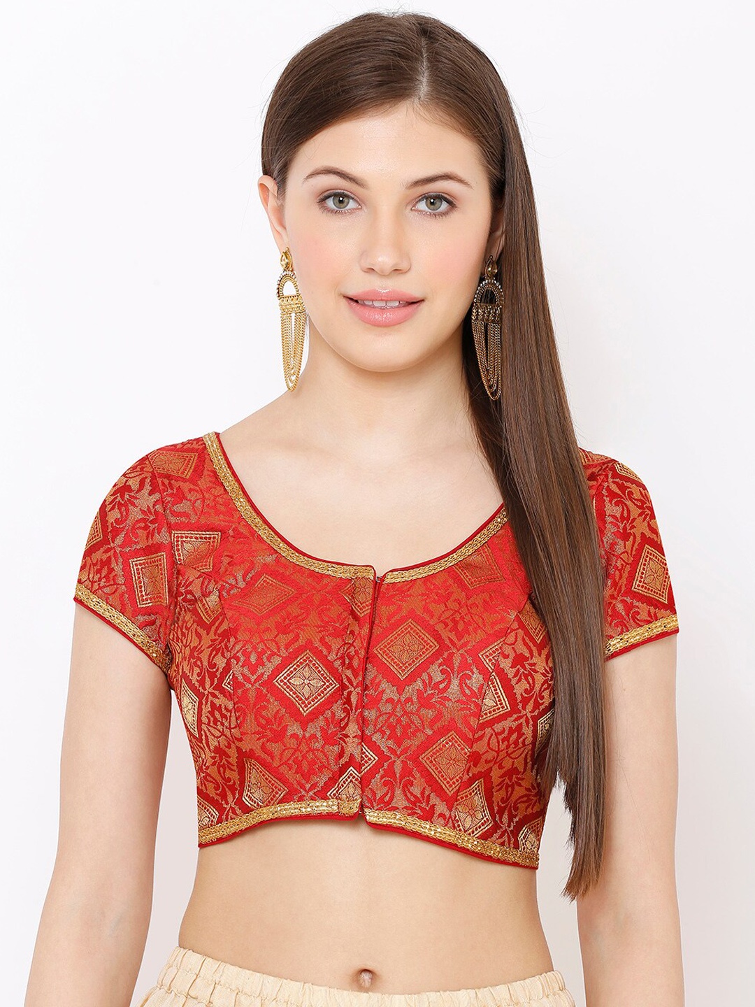 SALWAR STUDIO Women Maroon & Gold_toned Woven Design Readymade Saree Blouse
