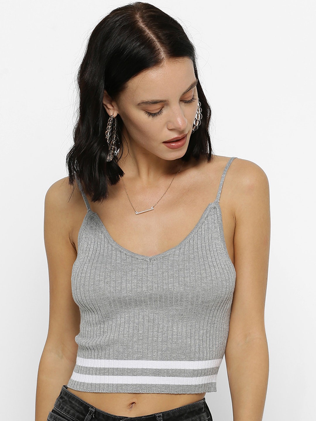 

FOREVER 21 Women Grey & White Striped Fitted Crop Top