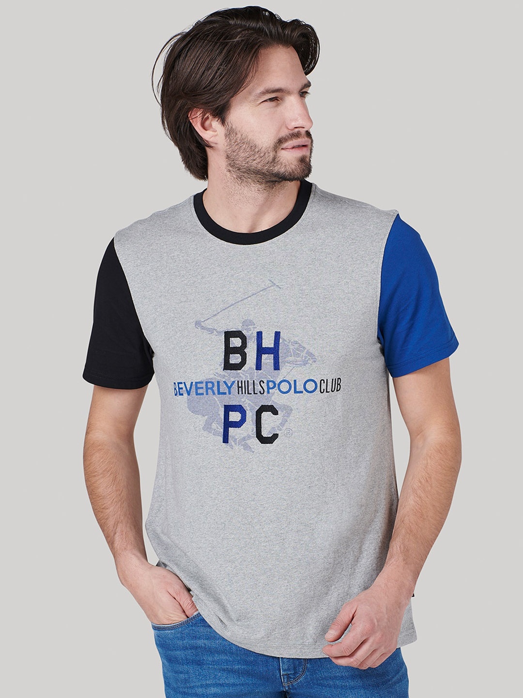 Beverly Hills Polo Club Men Grey Printed Round Neck T-shirt