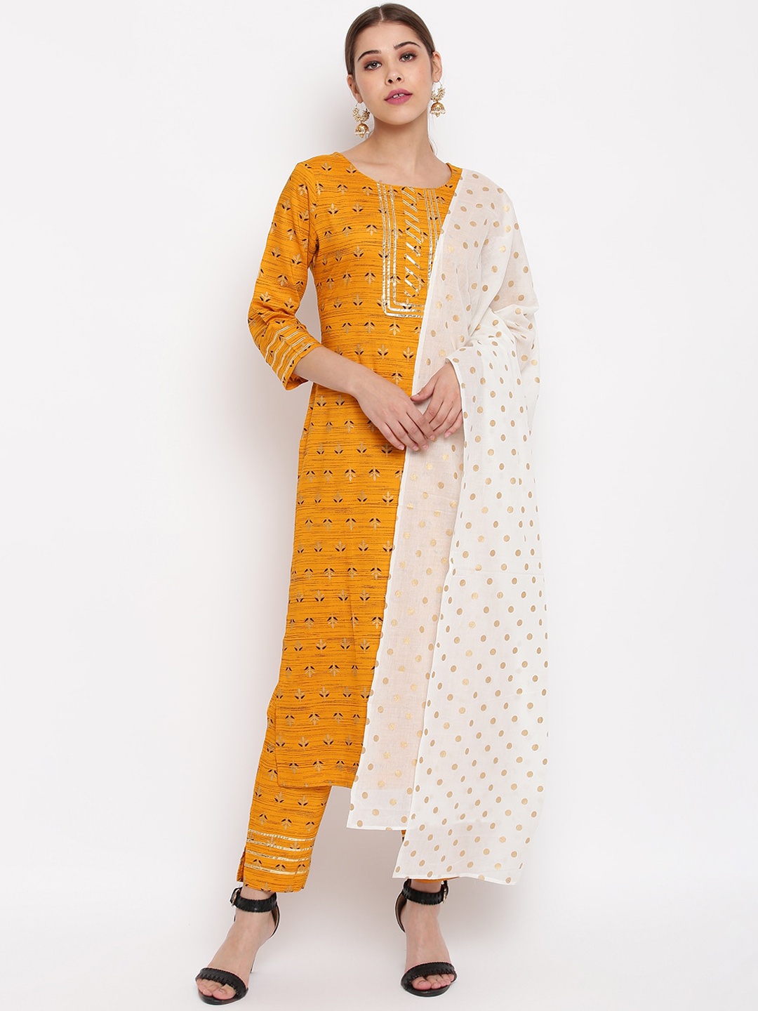 

Janasya Women Mustard Yellow & Black Printed Kurta with Trousers & Dupatta