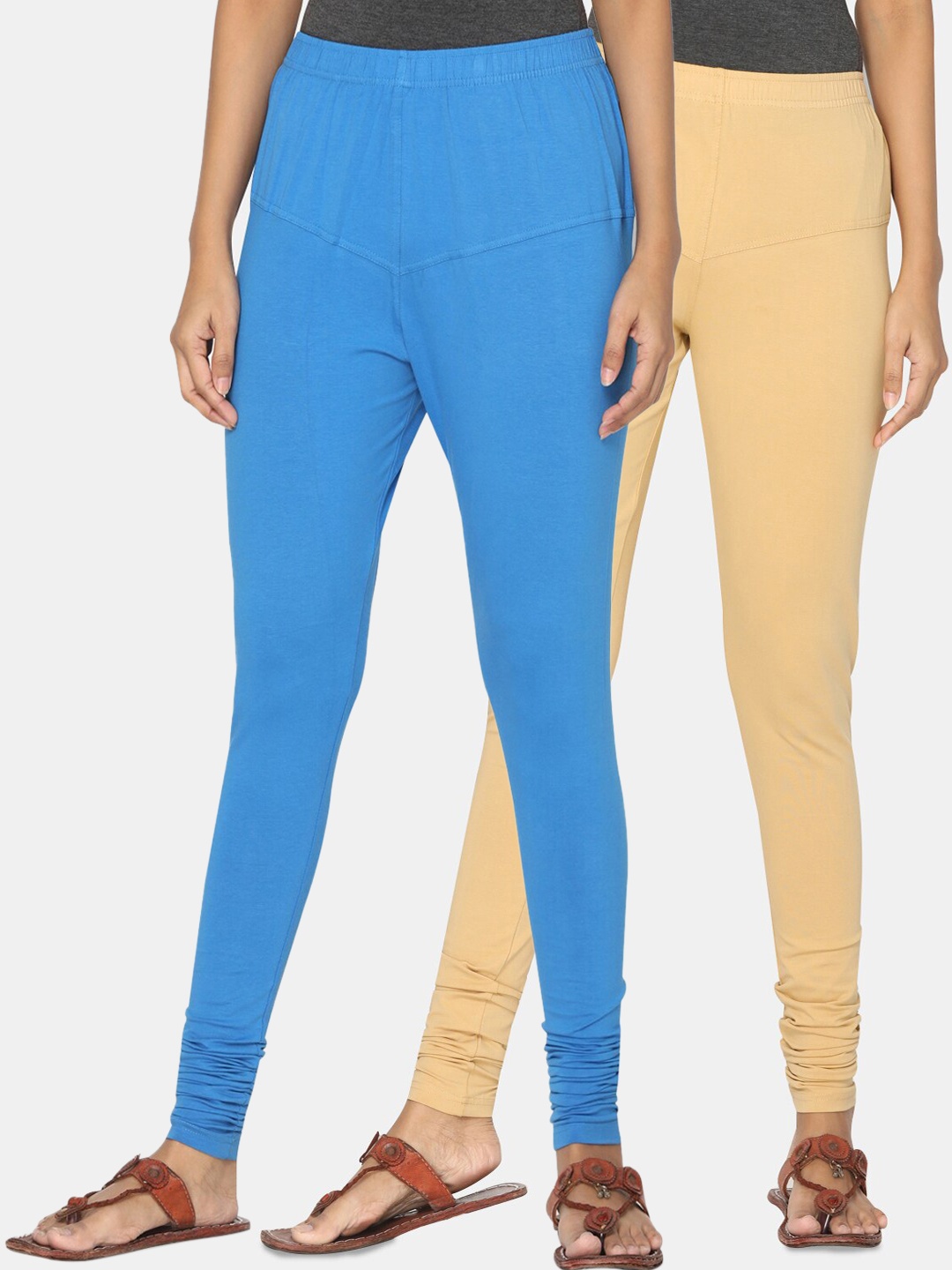 TSG Bliss Women Pack Of 2 Beige & Blue Solid Churidar-Length Leggings